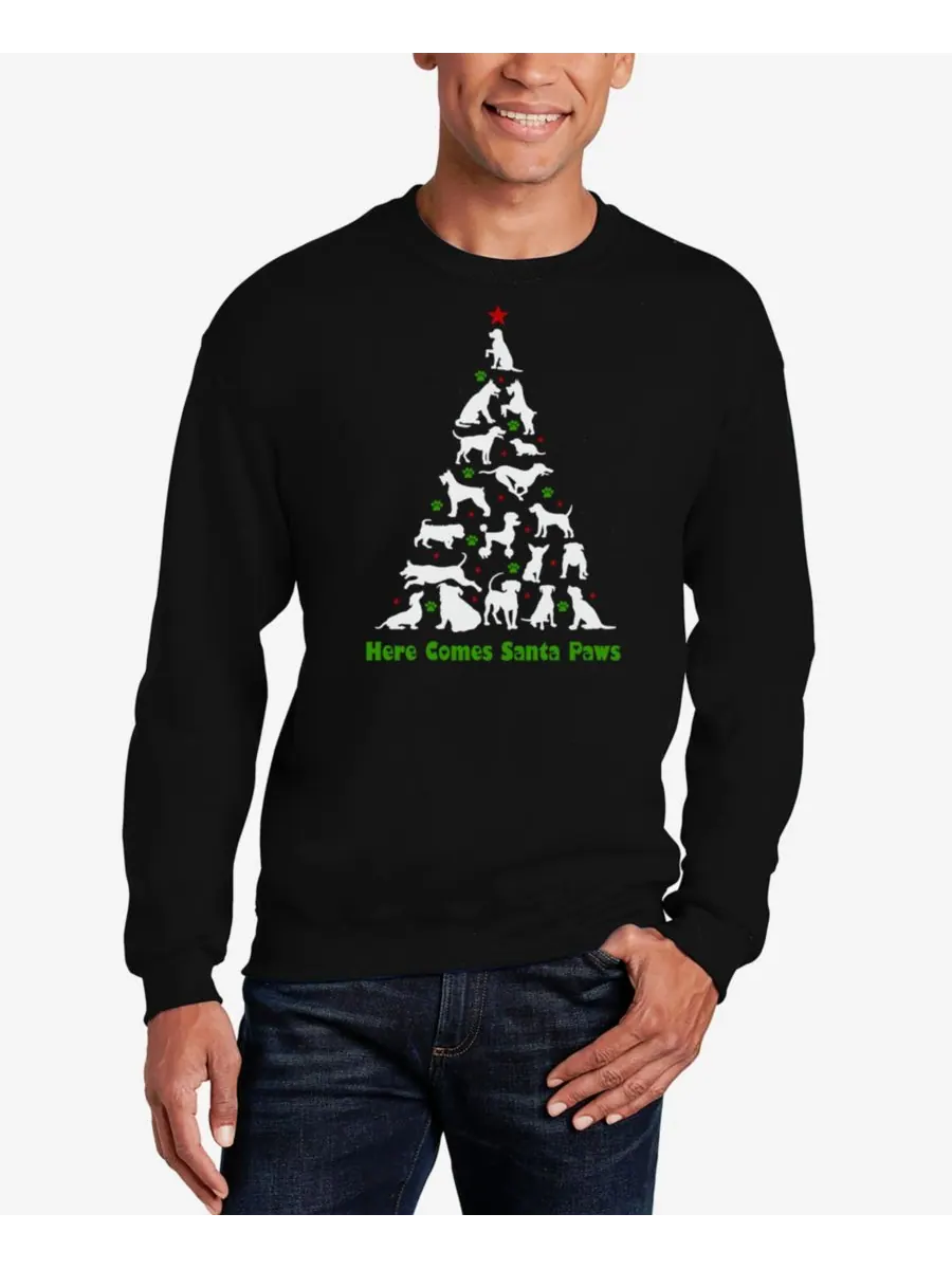 Мужская толстовка с круглым вырезом и надписью Here Comes Santa Paws LA Pop Art — изображение 1 из 3, черный