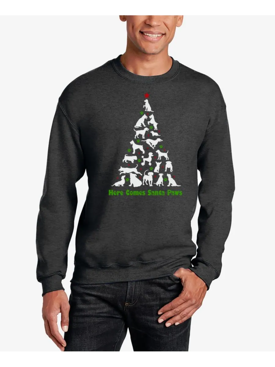 Мужская толстовка с круглым вырезом и надписью Here Comes Santa Paws LA Pop Art — изображение 1 из 3, серый