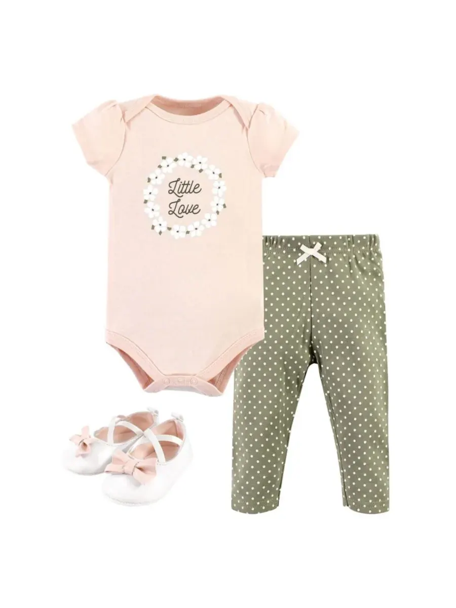 Хлопковый боди, брюки и комплект обуви Hudson Baby, Sage Floral Wreath Short Sleeve — изображение 1 из 4
