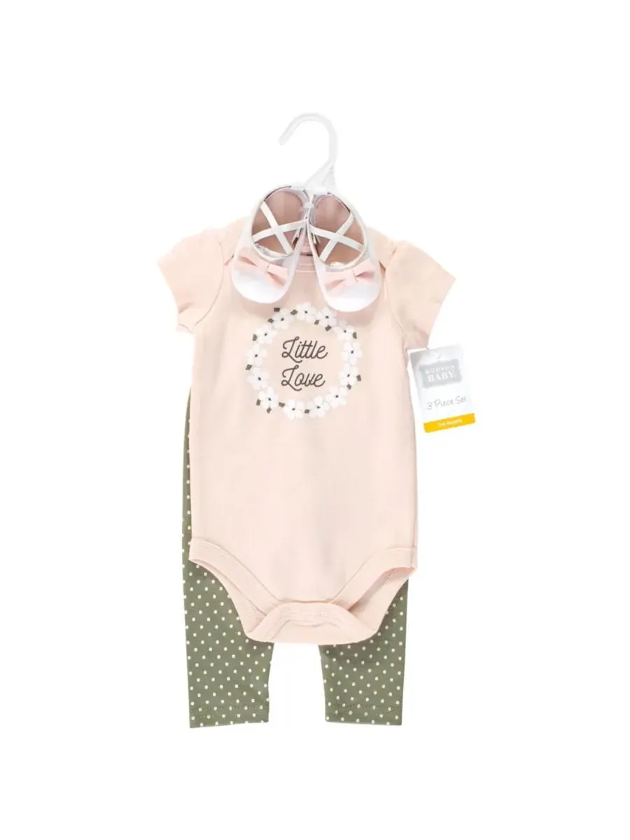 Хлопковый боди, брюки и комплект обуви Hudson Baby, Sage Floral Wreath Short Sleeve — изображение 2 из 4