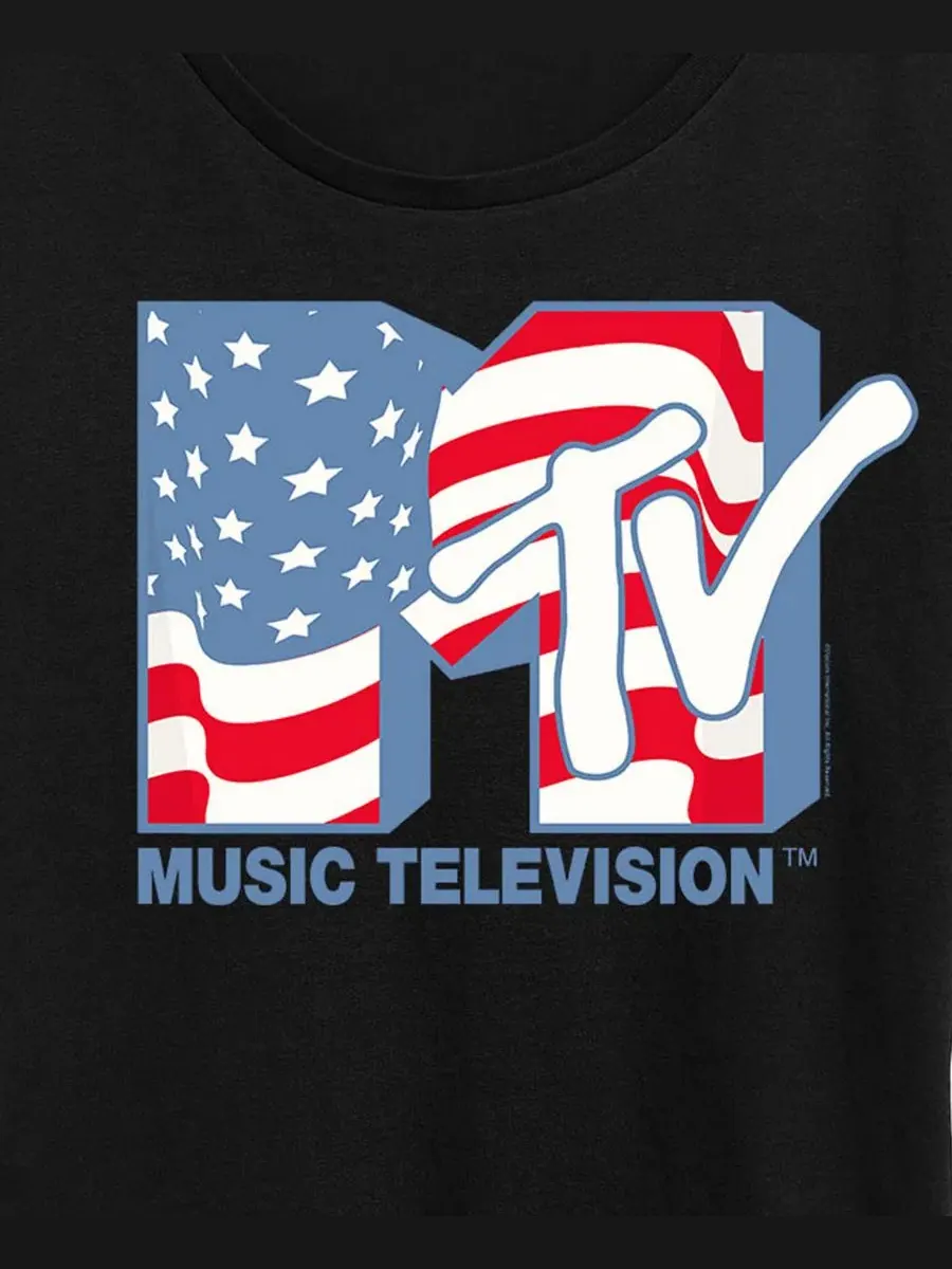 Футболка большого размера с графическим изображением американского флага MTV и круглым вырезом — изображение 2 из 3, черный