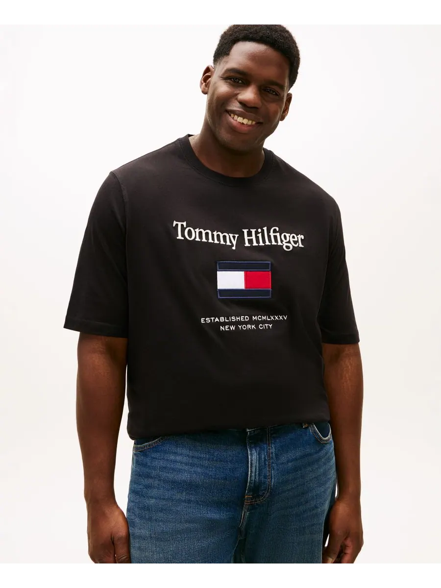 Мужская футболка больших размеров с вышитым флагом Tommy Hilfiger — изображение 1 из 4, черный