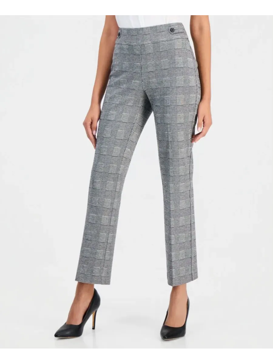 Брюки прямого кроя с защипами, модель Petite Check Pull-On Cropped & Ankle Pants Anne Klein