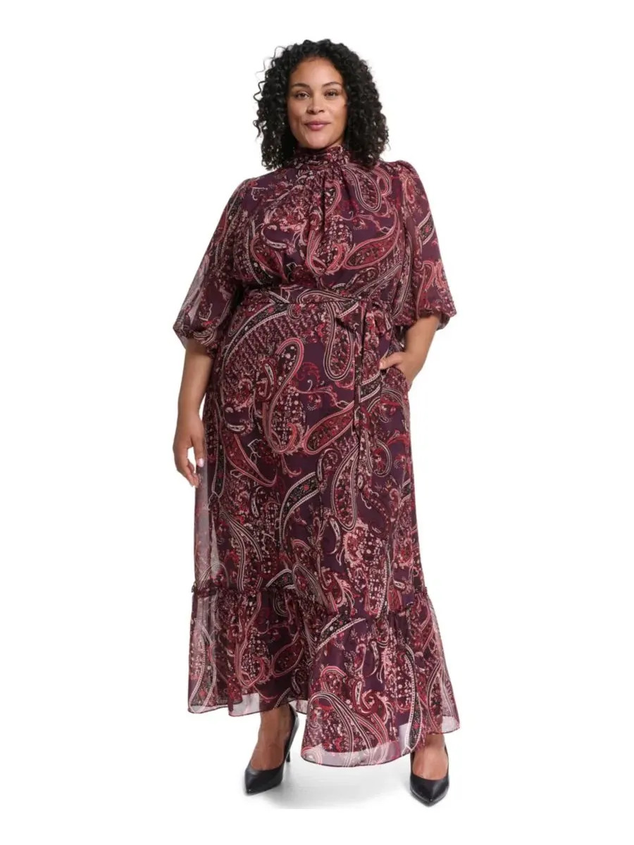 Платье макси из шифона с принтом пейсли, модель Plus Size Mock-Neck Maxi Dress Eliza J — мульти
