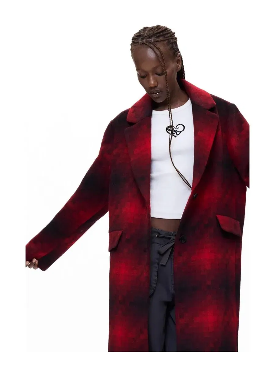 Пальто длинное шерстяное в клетку Desigual — изображение 1 из 3, светлый/красный