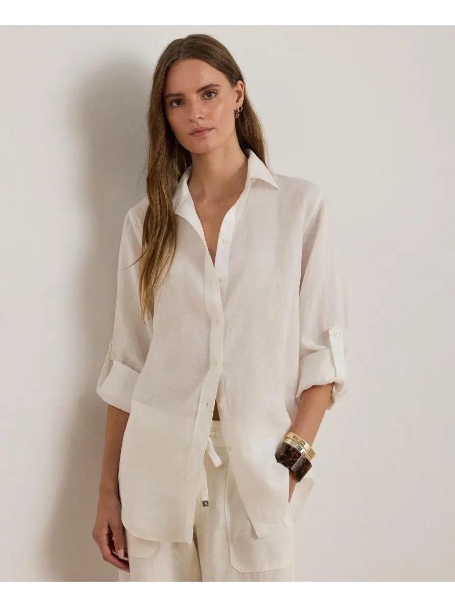 Женская рубашка с острым воротником и планкой на пуговицах Lauren Ralph Lauren — изображение 3 из 10, белый