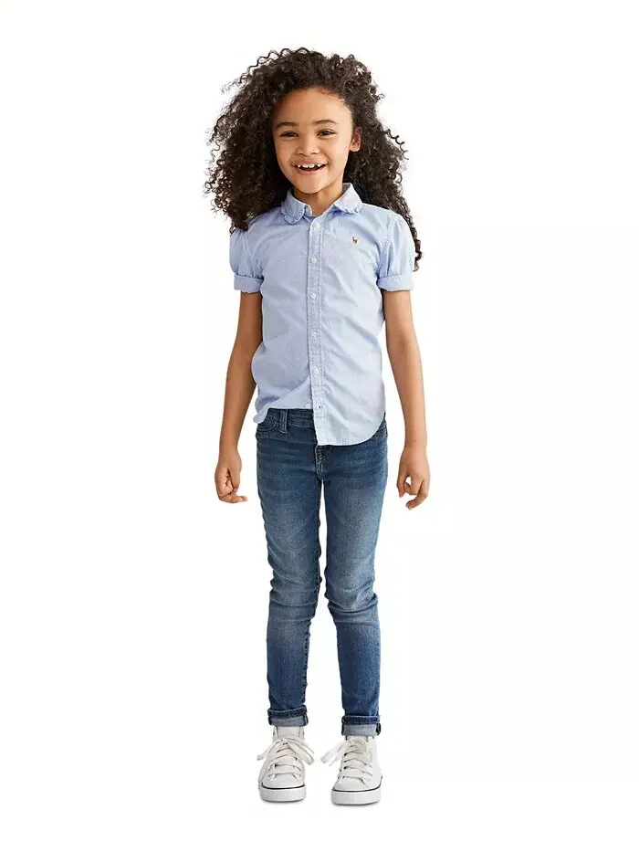 Однотонный топ Oxford с короткими рукавами для маленьких девочек Polo Ralph Lauren — изображение 1 из 4, синий