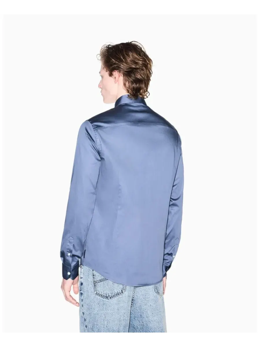 Мужская однотонная рубашка с длинным рукавом приталенного кроя A|X Armani Exchange — изображение 4 из 5, синий