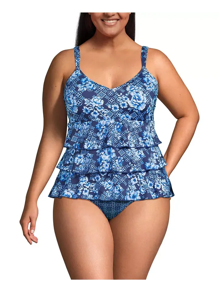 Женский купальник-фокинки с рюшами One Piece Swimsuit Lands' End — изображение 1 из 3, темно-синий