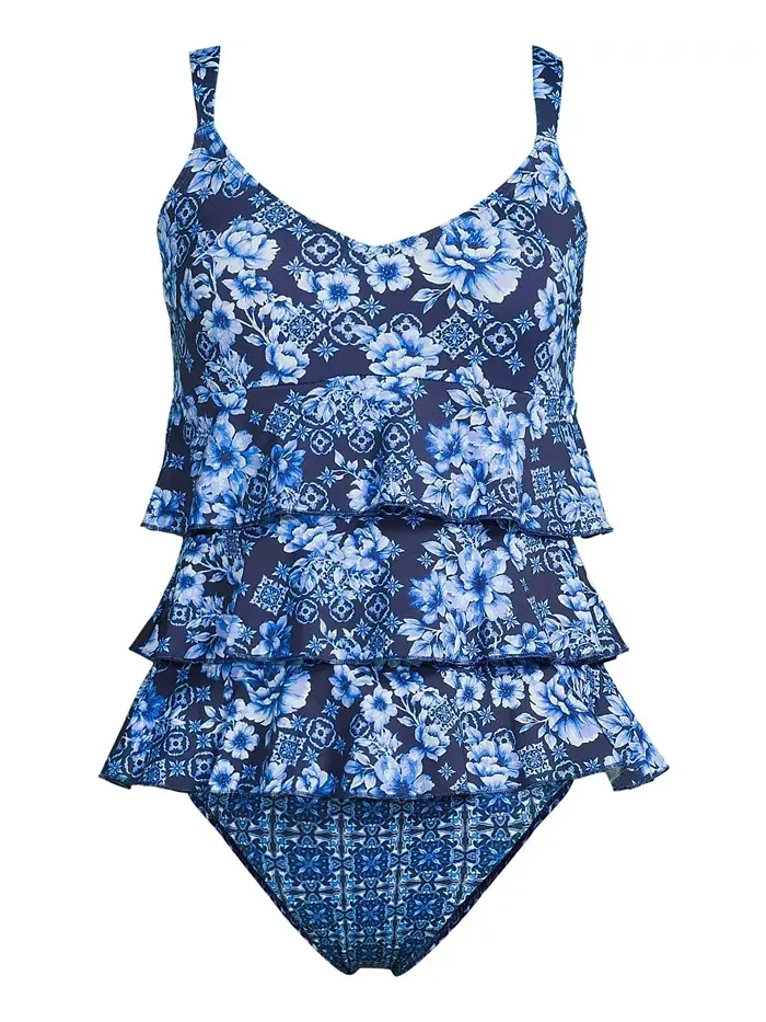 Женский купальник-фокинки с рюшами One Piece Swimsuit Lands' End — изображение 3 из 3, темно-синий