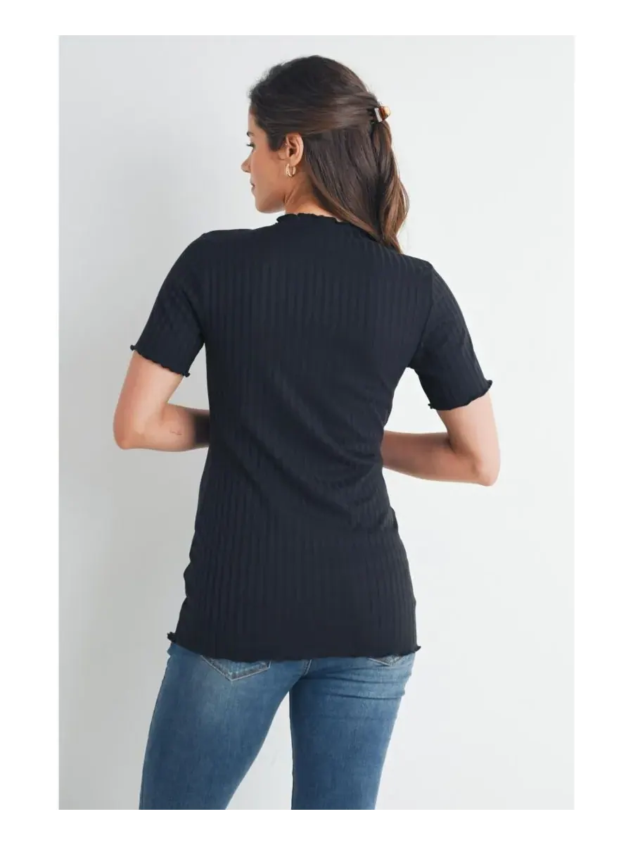 Женская блузка для беременных с ребристым круглым вырезом, короткими рукавами и волнистым краем — изображение 3 из 5, черный