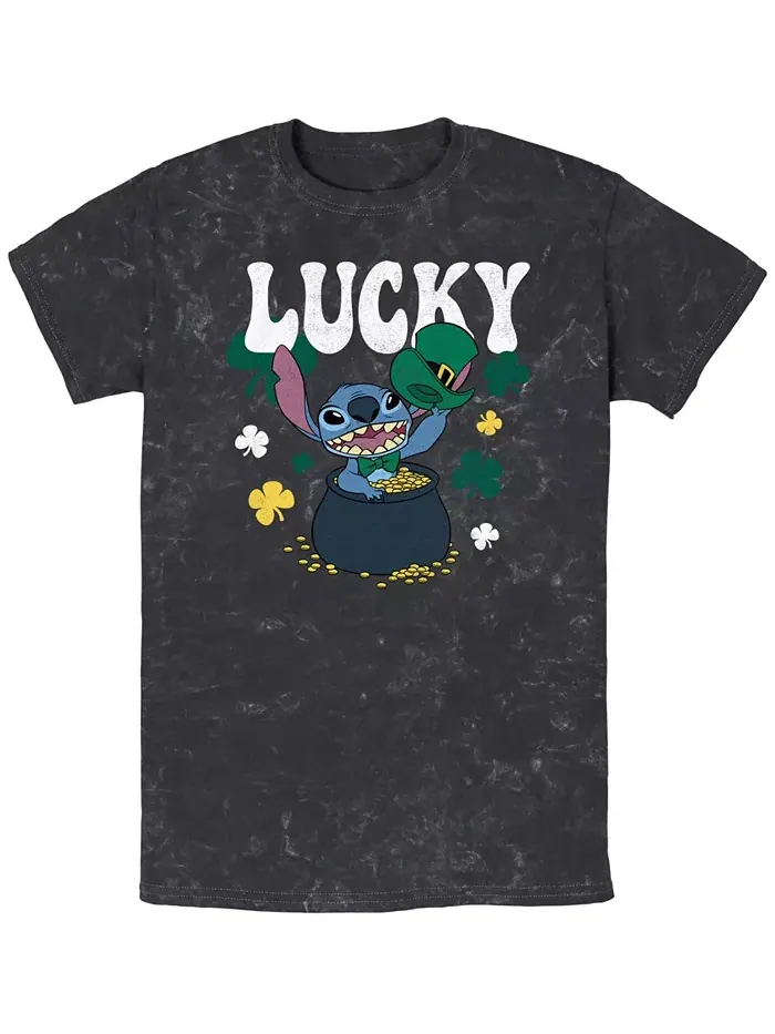 Мужская футболка Lucky Stitch с коротким рукавом, минеральная мойка Lilo Stitch — изображение 1 из 3, черный