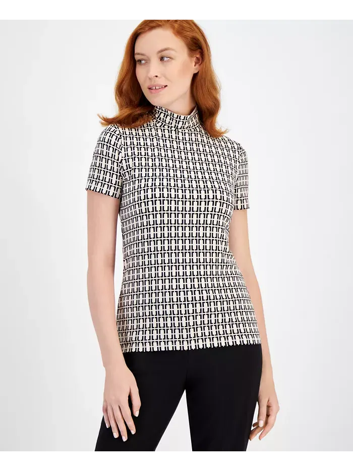 Футболка с коротким рукавом и воротником-стойкой Anne Klein — изображение 1 из 5, белый/черный