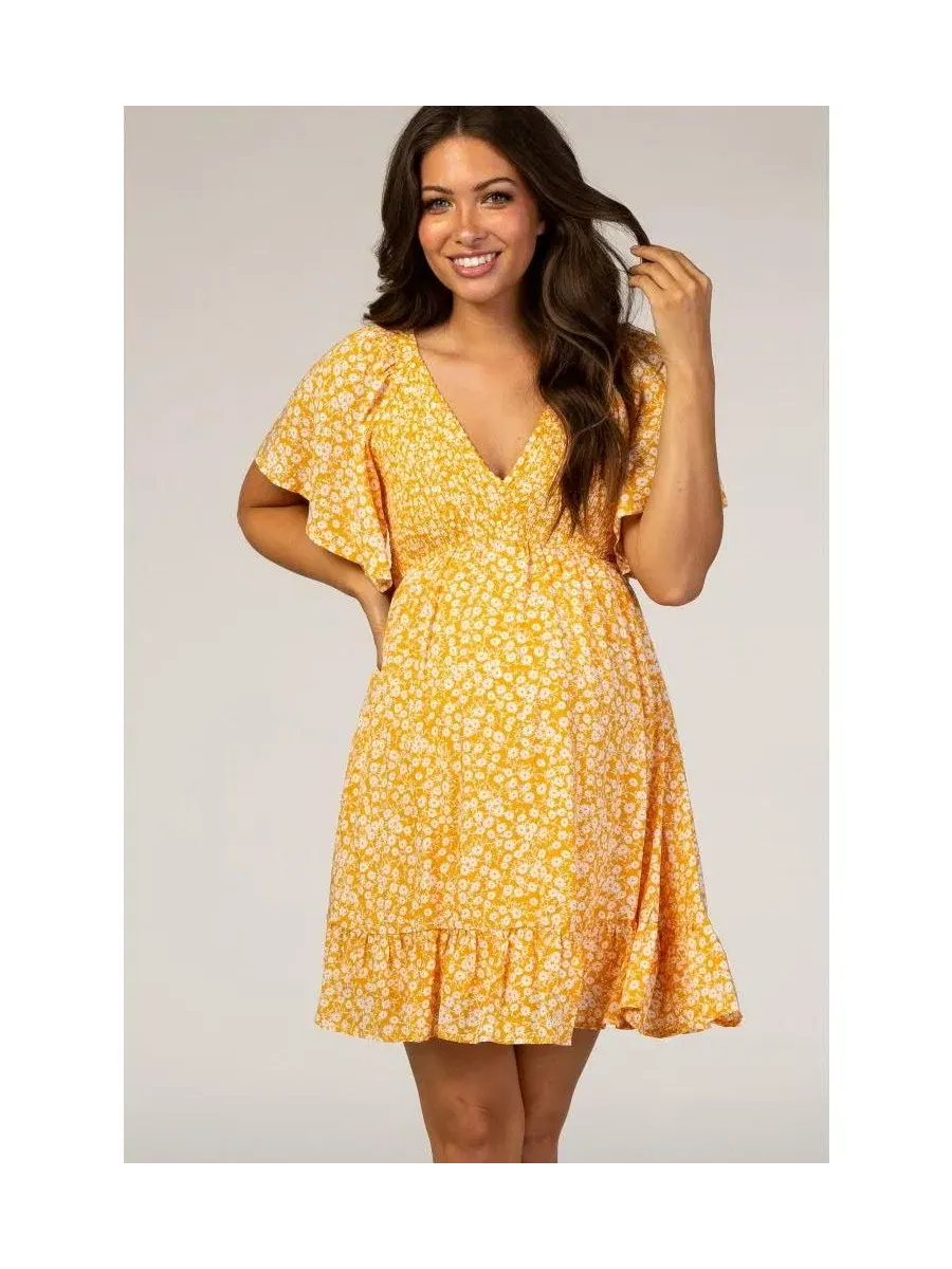 Женское платье с цветочным принтом Yellow Floral Smocked Ruffle Pinkblush — изображение 1 из 6, желтый