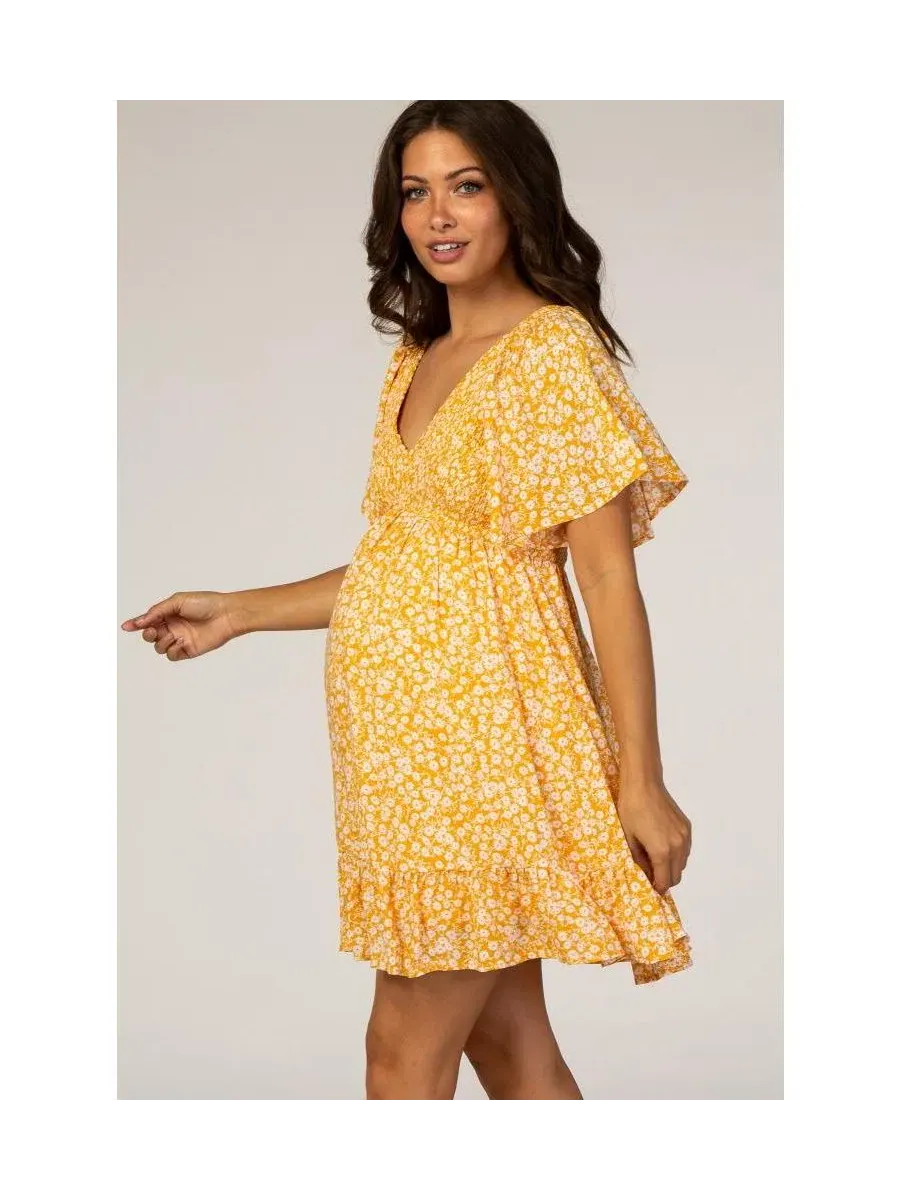 Женское платье с цветочным принтом Yellow Floral Smocked Ruffle Pinkblush — изображение 2 из 6, желтый