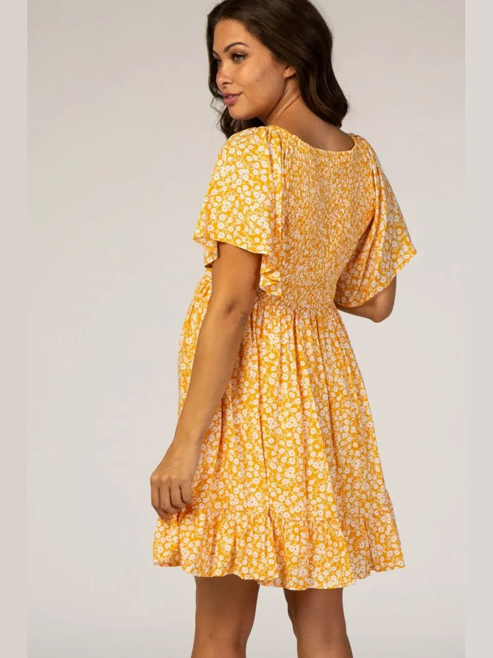 Женское платье с цветочным принтом Yellow Floral Smocked Ruffle Pinkblush — изображение 6 из 6, желтый