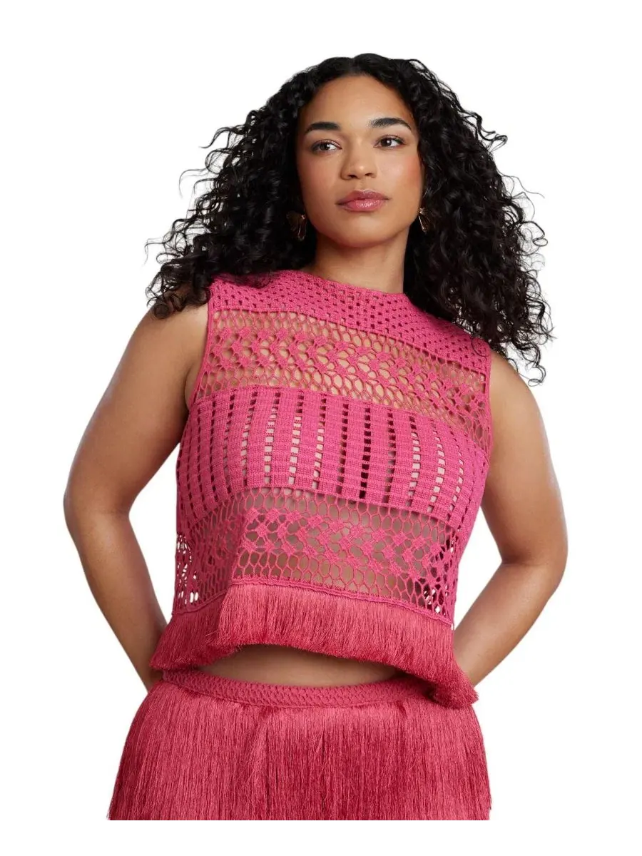 Ажурный топ с бахромой Patbo Fringe Detail Crochet Top ELOQUII — изображение 1 из 3, яркий розовый