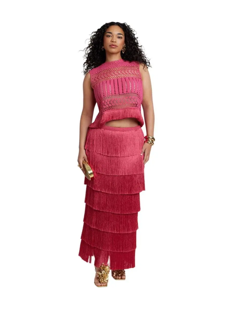 Ажурный топ с бахромой Patbo Fringe Detail Crochet Top ELOQUII — изображение 3 из 3, яркий розовый