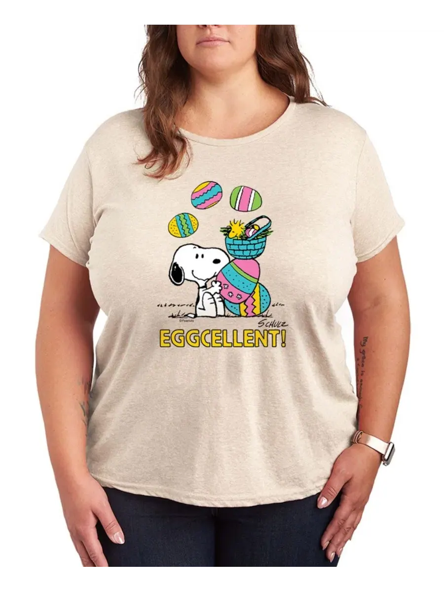 Футболка с графическим принтом Peanuts Eggcellent Snoopy, Plus Size Hybrid Apparel — изображение 1 из 3, березовый