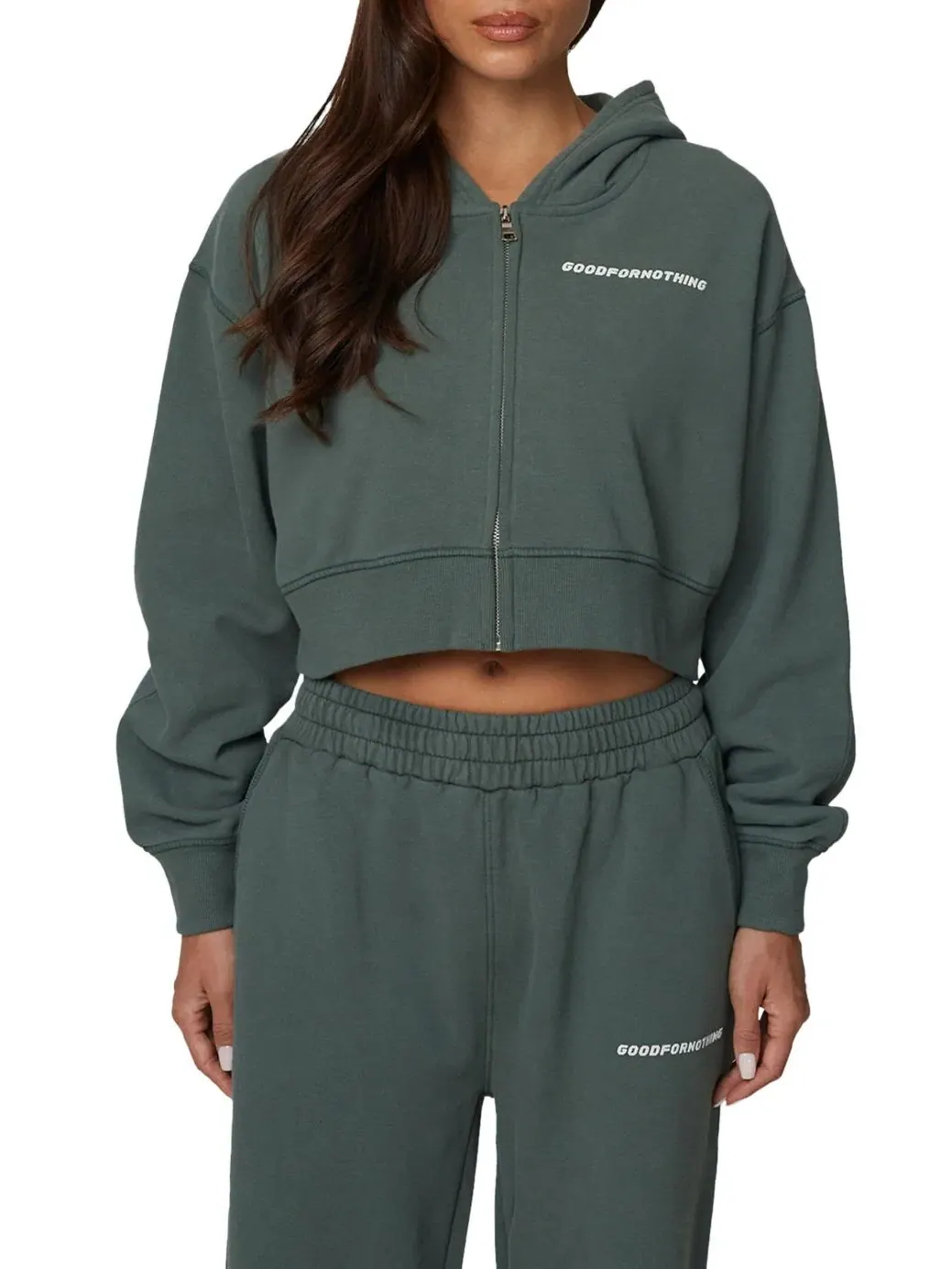 Женский укороченный худи на молнии Essential Cropped Zip Hoodie Good For Nothing — изображение 1 из 4, зеленый