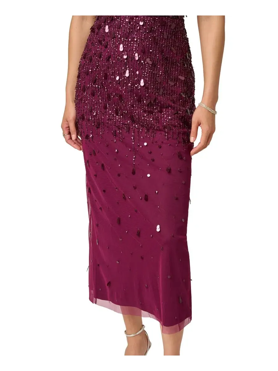 Платье с блестящей сеткой и рукавами-крылышками Petite Beaded Mesh Flutter-Sleeve Dress Adrianna — изображение 4 из 6, бордо