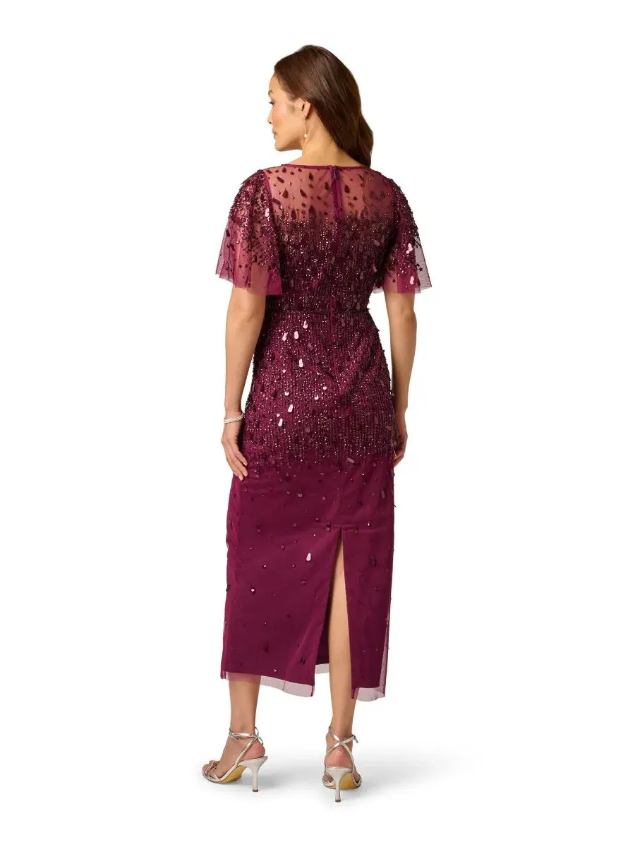 Платье с блестящей сеткой и рукавами-крылышками Petite Beaded Mesh Flutter-Sleeve Dress Adrianna — изображение 5 из 6, бордо