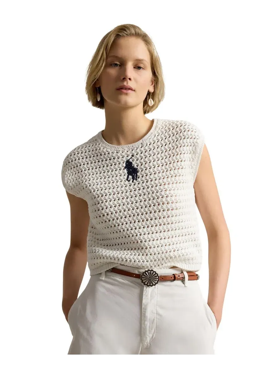 Свитер из хлопка крючком с длинным рукавом Big Pony Polo Ralph Lauren — изображение 1 из 5, белый