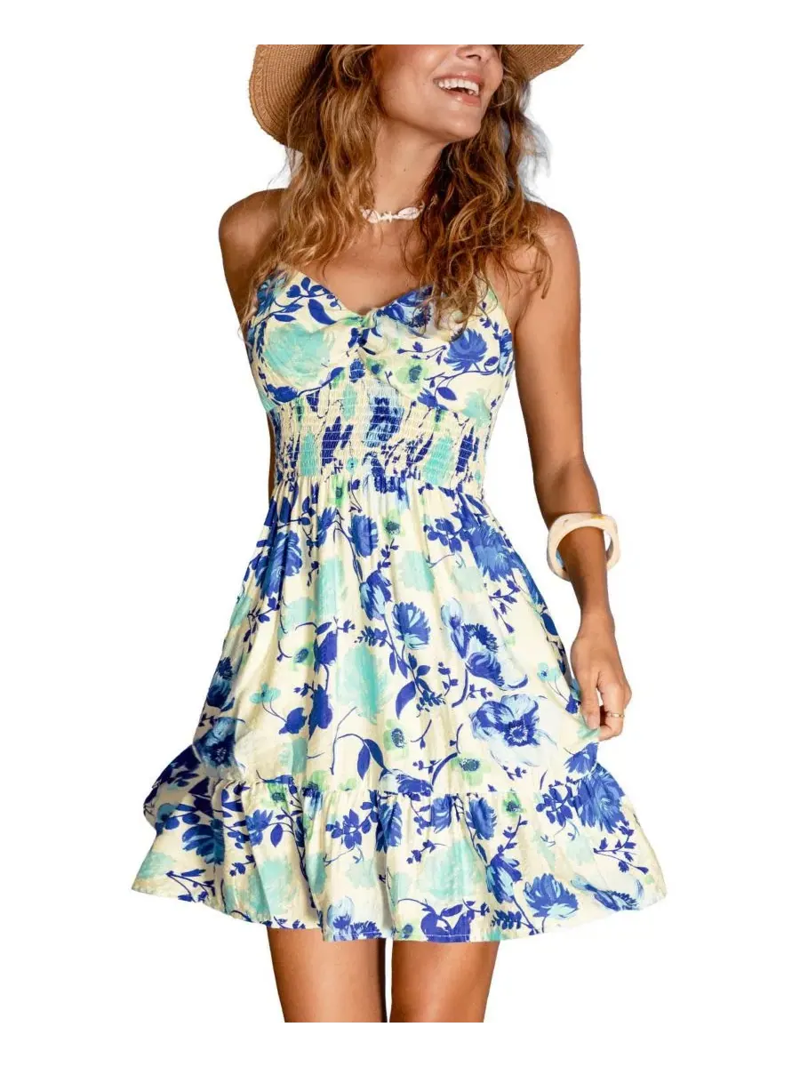 Платье мини с V-образным вырезом без рукавов Summer Fun Floral Cupshe — изображение 1 из 3, синий