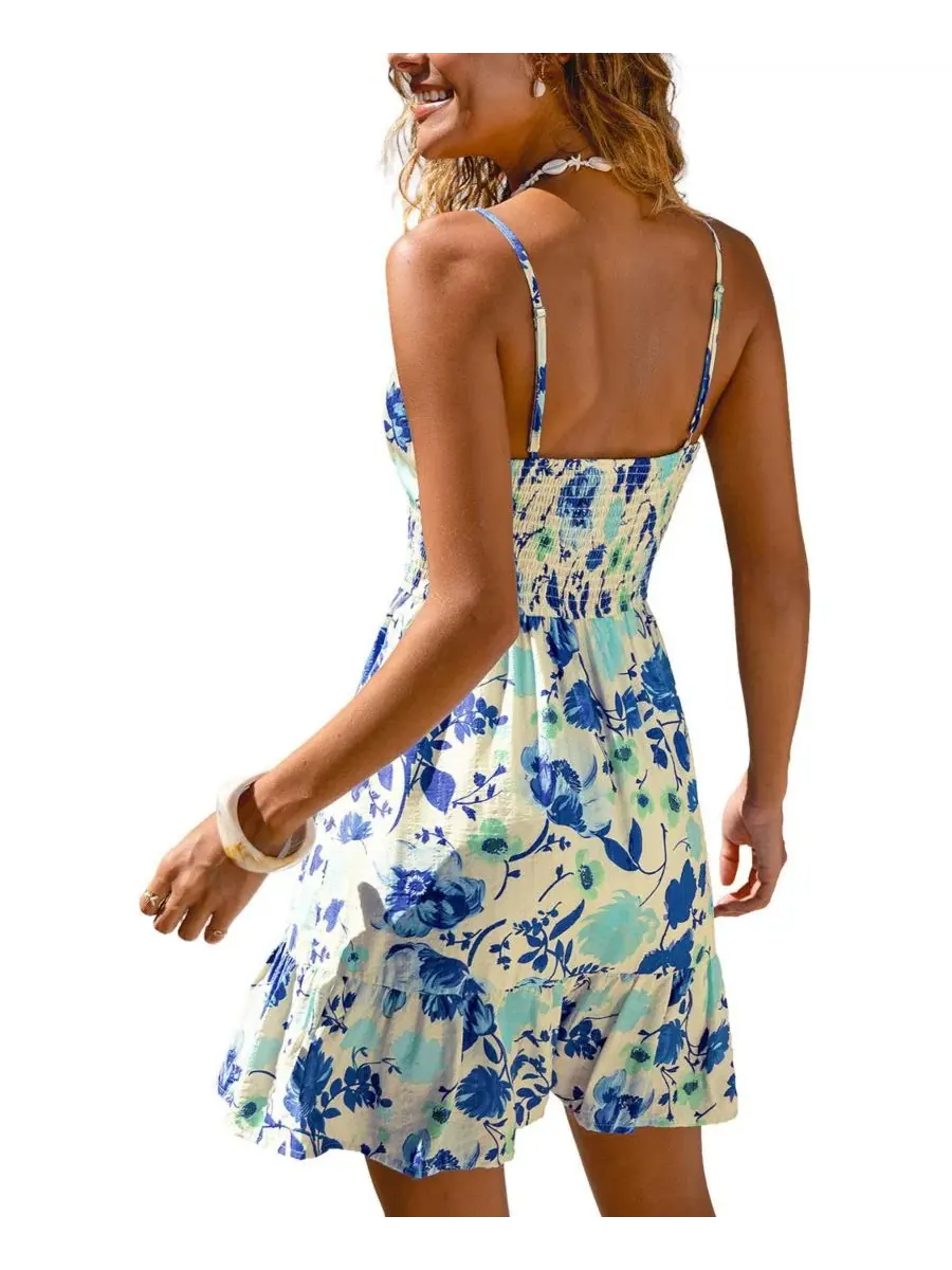 Платье мини с V-образным вырезом без рукавов Summer Fun Floral Cupshe — изображение 3 из 3, синий