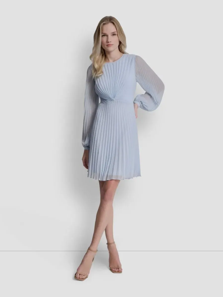 Платье миди с длинным рукавом-фонарик, модель с плиссировкой DKNY — изображение 1 из 5, синий