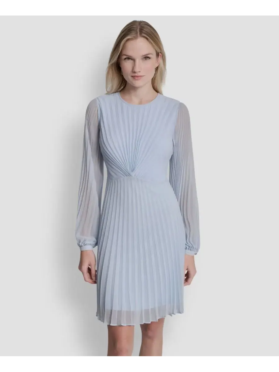 Платье миди с длинным рукавом-фонарик, модель с плиссировкой DKNY — изображение 2 из 5, синий