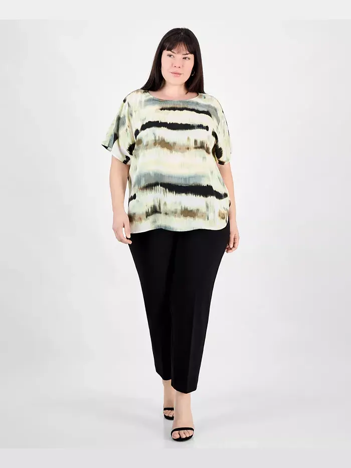 Блузка с коротким рукавом и принтом, с вырезом лодочка, plus size Anne Klein — изображение 3 из 3, черный/белый