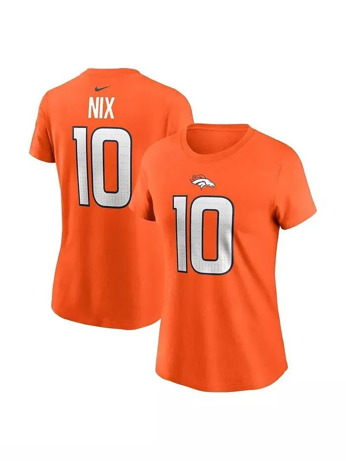 Женская футболка Bo Nix Orange Denver Broncos драфта НФЛ 2024 года, выбранная в первом раунде, имя — изображение 1 из 3