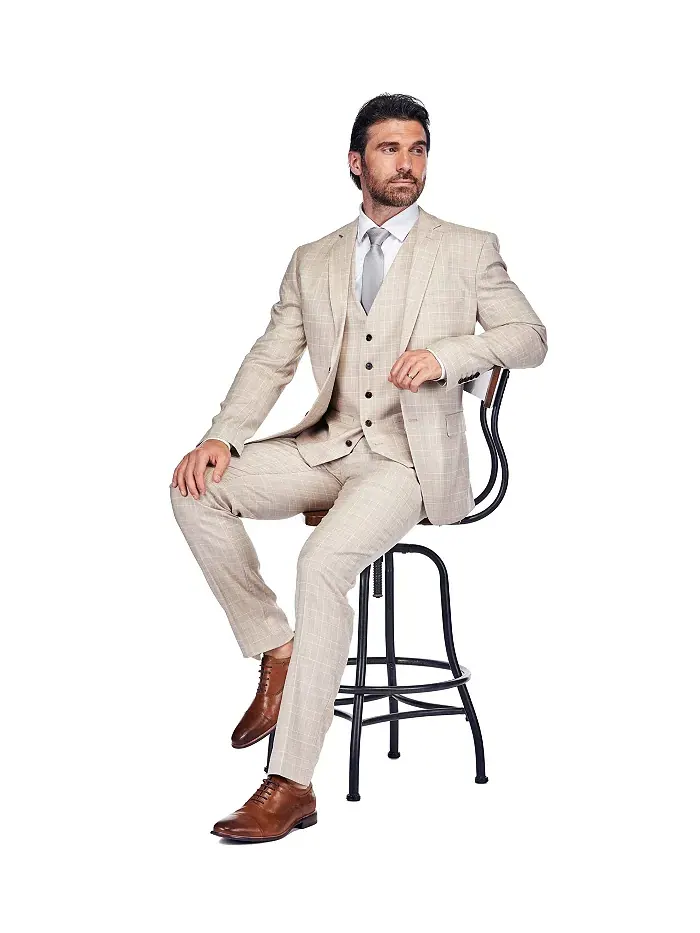 Мужской костюм Slim Fit 3PC в клетку Gino Vitale — изображение 2 из 4, бежевый
