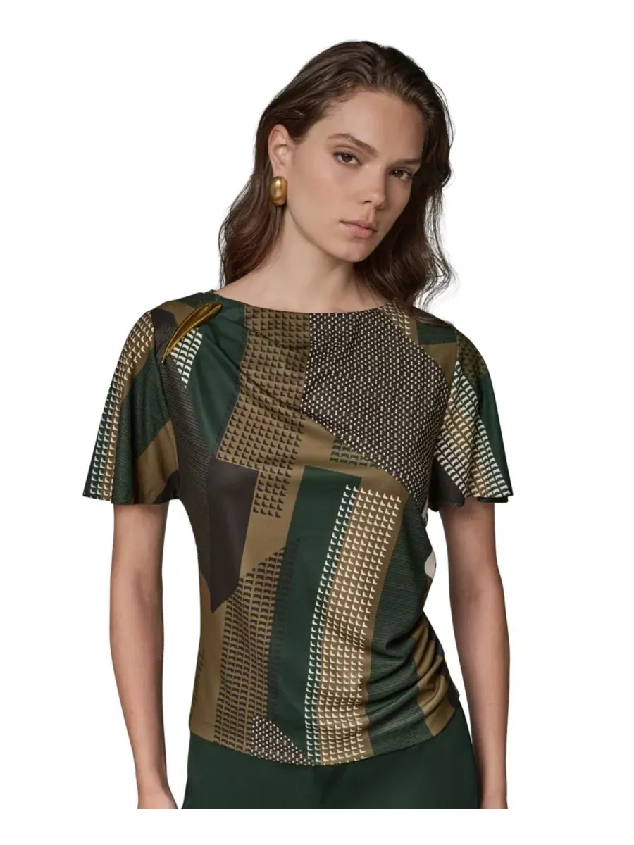 Женский топ с принтом, лодочка, с коротким рукавом-колокол Donna Karan New York — изображение 1 из 8, оливковый/черный