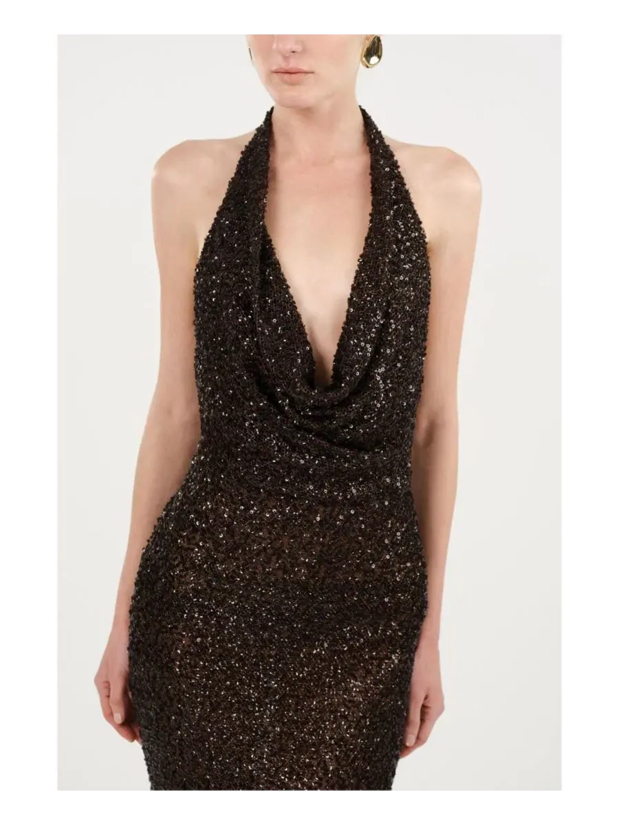 Платье макси без рукавов с пайетками Off-Shoulder NOCTURNE — изображение 5 из 8, коричневый
