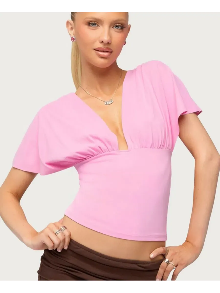 Топ с V-образным вырезом без рукавов Flutter Plunging V Neck Top Edikted — изображение 1 из 5, розовый