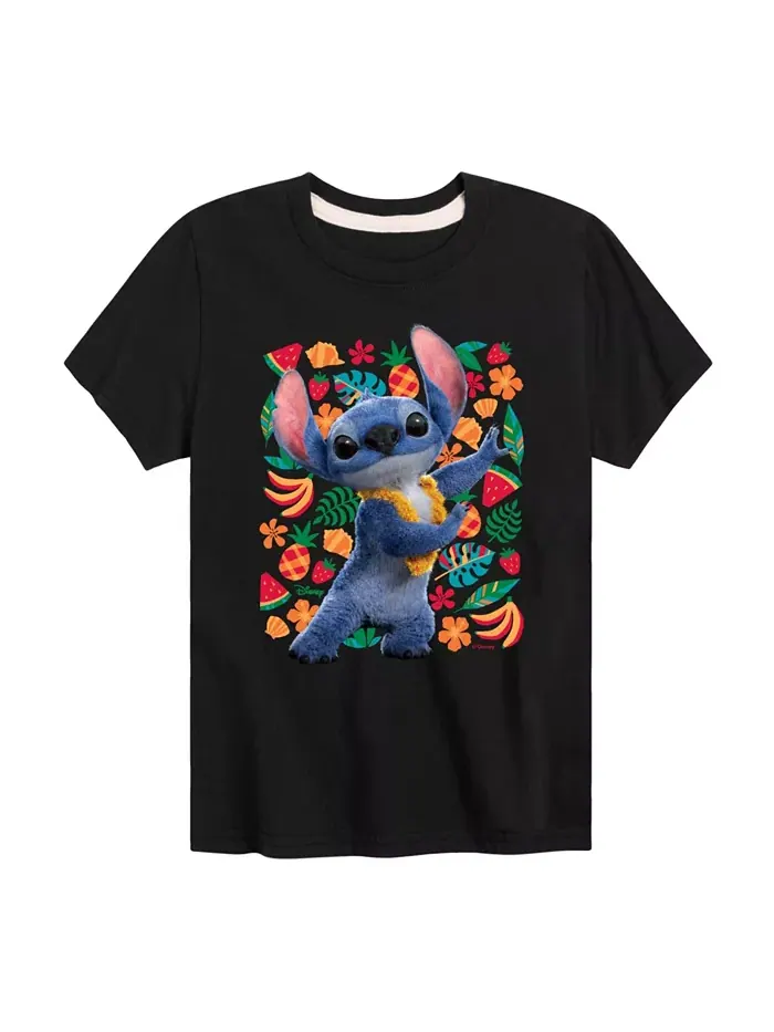 Футболка с принтом Stitch и фруктами из мультфильма "Лило и Стич" для мальчиков старшего возраста — черный