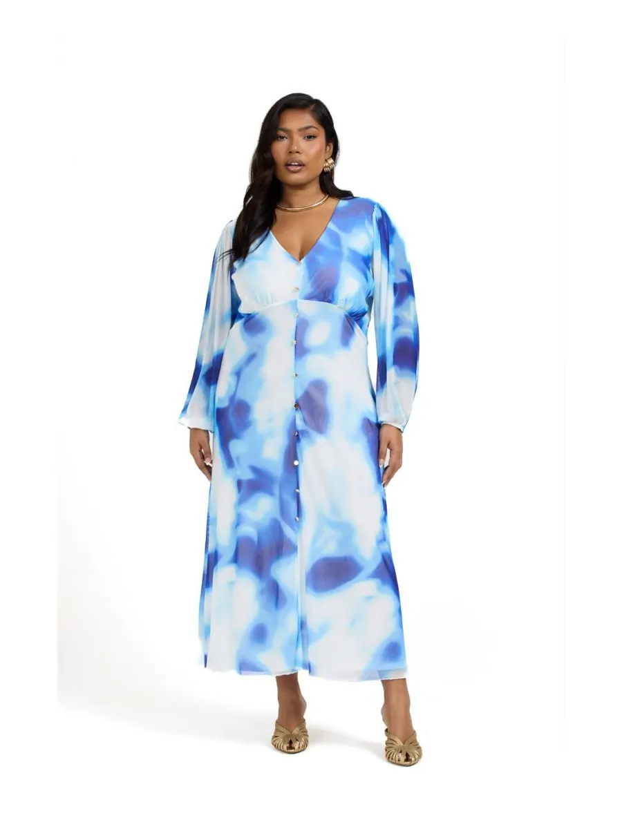Женское яркое платье миди с эффектом тай-дай FASHION-SZN CURVE — изображение 2 из 8, синий