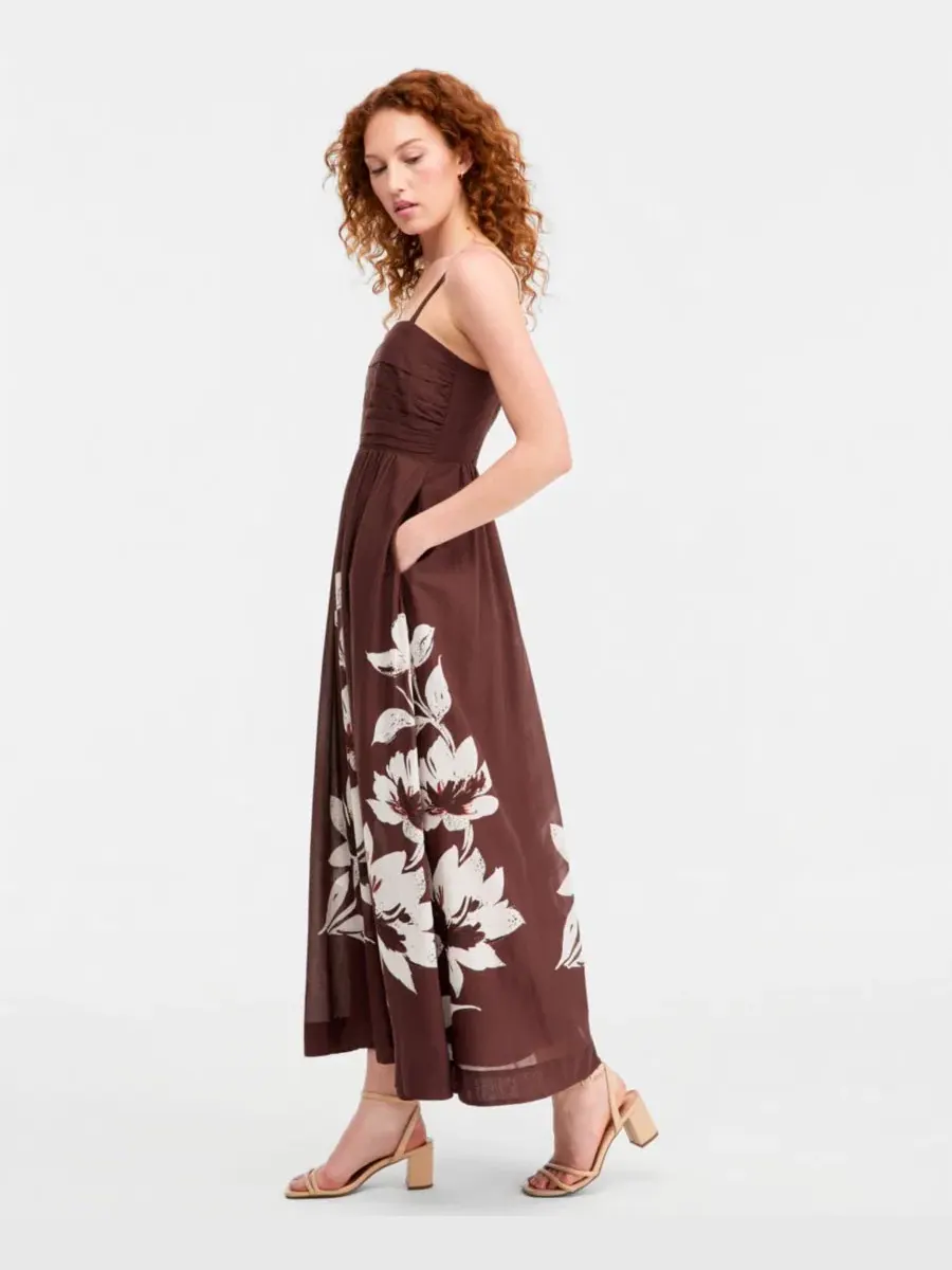 Платье макси с плиссированным лифом и принтом, модель Pleated-Bodice Printed Cotton Maxi Dress — изображение 3 из 6