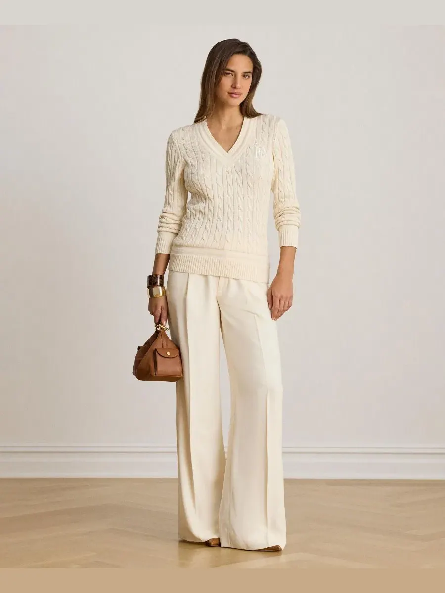 Свитер с V-образным вырезом и длинным рукавом, кабельная вязка Lauren Ralph Lauren — изображение 2 из 6, кремовый