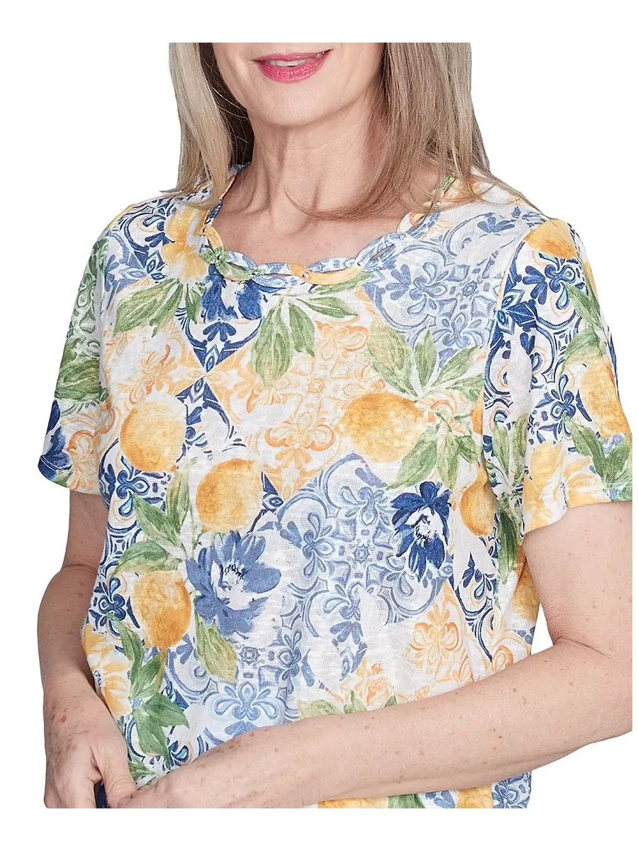 Футболка женская с узлом по боку и рукавами, модель Knotted Ruched-Side Alfred Dunner — изображение 4 из 5, желтый