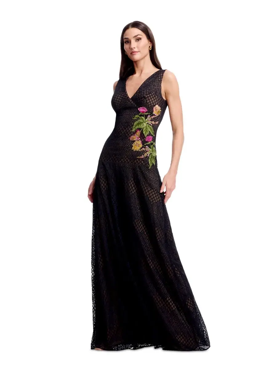 Платье без рукавов с цветочной аппликацией Floral Applique Detail Dress the Population — изображение 1 из 5, черный мульти