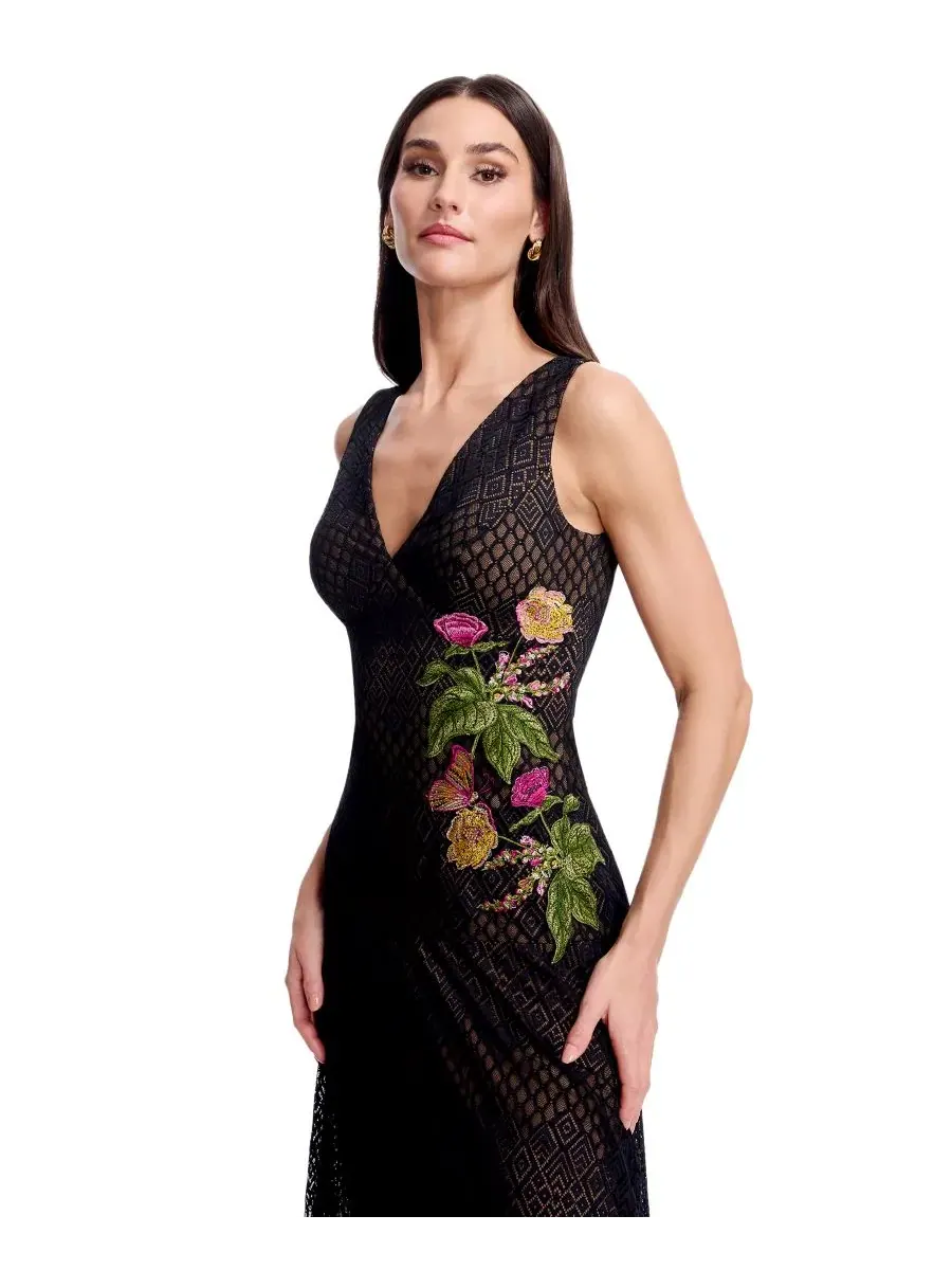 Платье без рукавов с цветочной аппликацией Floral Applique Detail Dress the Population — изображение 2 из 5, черный мульти