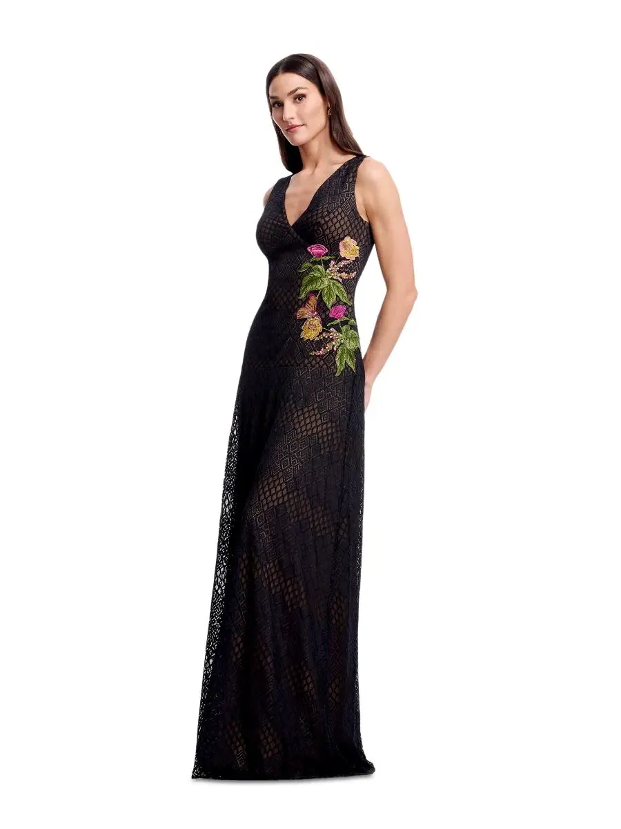 Платье без рукавов с цветочной аппликацией Floral Applique Detail Dress the Population — изображение 3 из 5, черный мульти