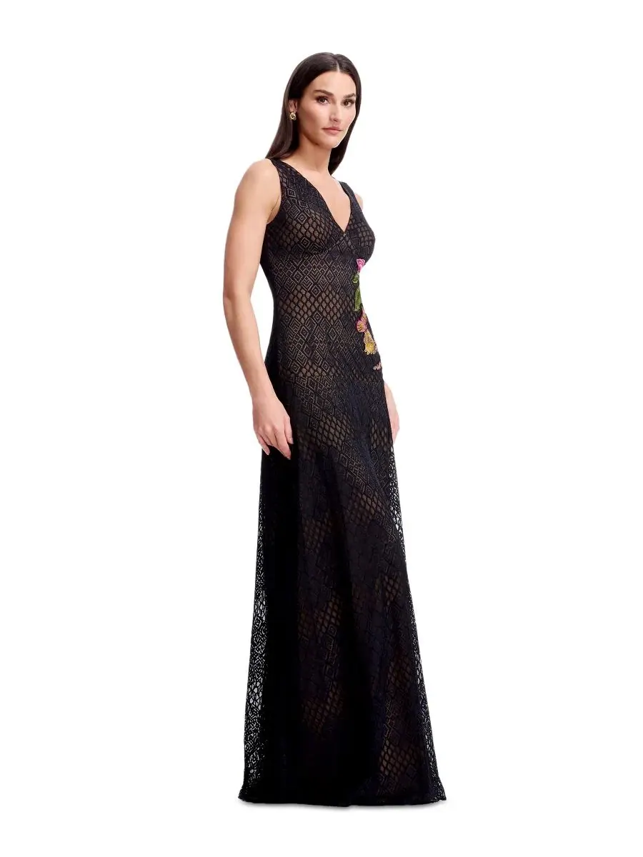 Платье без рукавов с цветочной аппликацией Floral Applique Detail Dress the Population — изображение 4 из 5, черный мульти