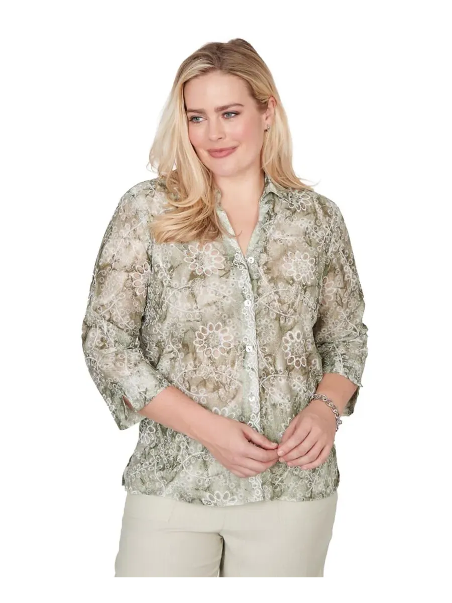Блуза с воротником и принтом Tie Dye Monotone Floral Alfred Dunner — изображение 1 из 6, селадон