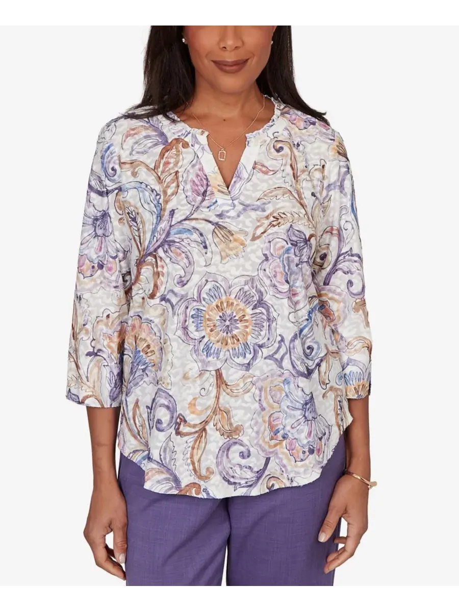 Топ с принтом Jacobean Floral Split Neck Petite Grand Bazaar Alfred Dunner — изображение 1 из 5, мульти