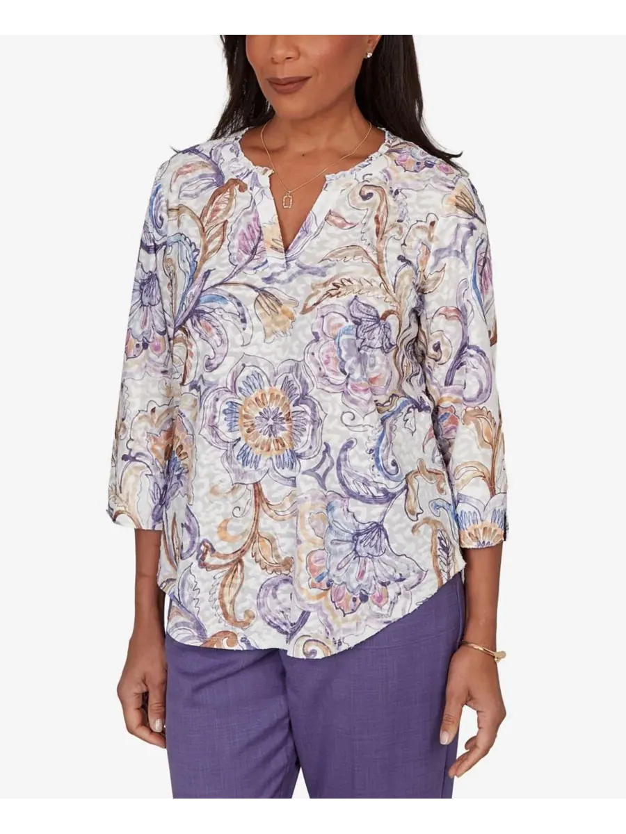 Топ с принтом Jacobean Floral Split Neck Petite Grand Bazaar Alfred Dunner — изображение 2 из 5, мульти