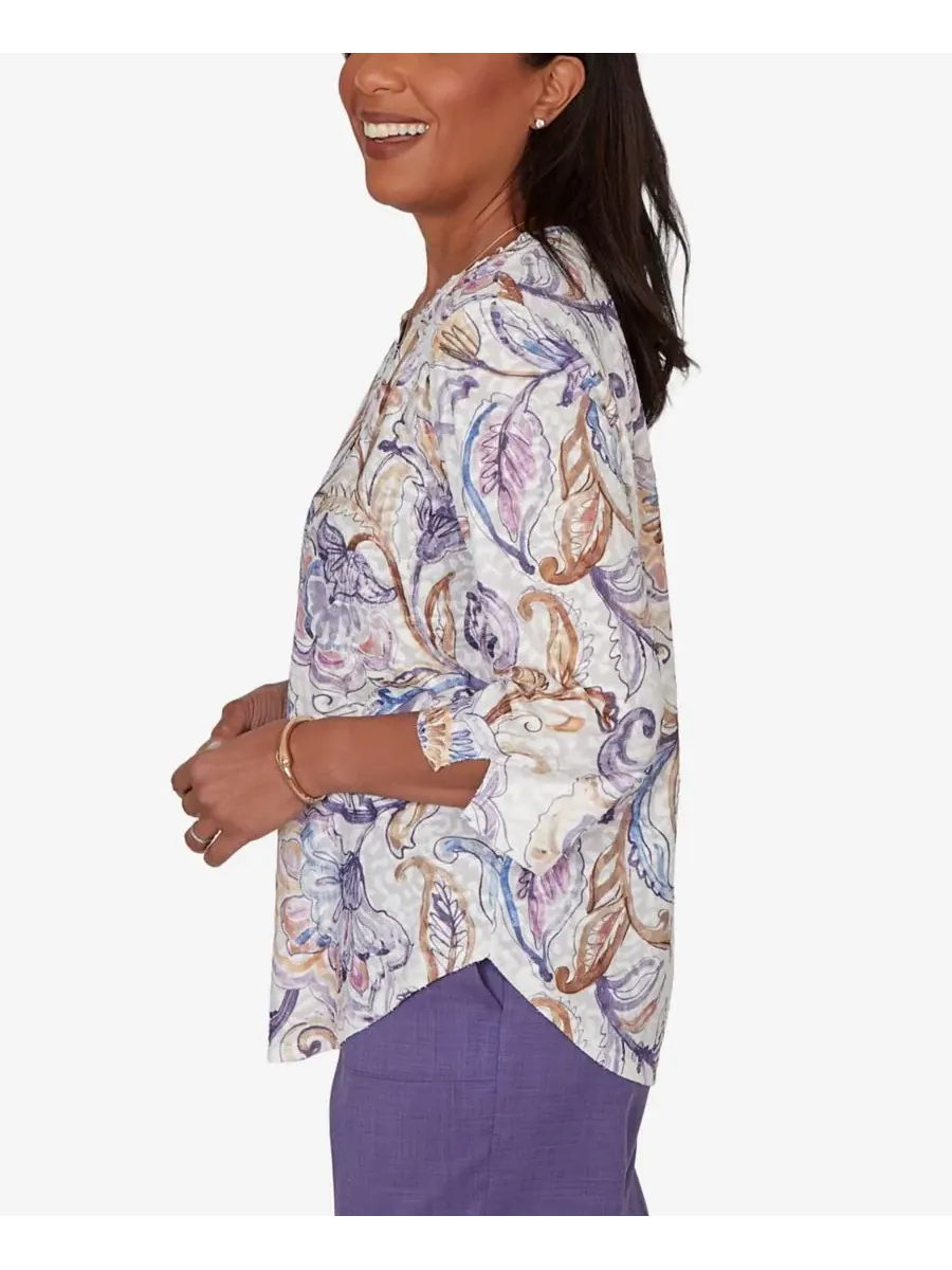 Топ с принтом Jacobean Floral Split Neck Petite Grand Bazaar Alfred Dunner — изображение 3 из 5, мульти